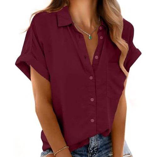 Button Down Short Sleeve Shirts for Women V Neck Loose Roll Up Collared Shirt Casual Summer Tops with Pockets