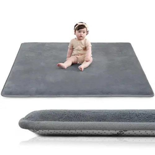 Baby Play Mat for Floor,1.3" Thick Elasti-Foam 50"×50" Playpen Mat for Tummy Time,Water Repellent Soft Coral Velvet for Toddler,Infant,Kids,Non-Slip Backing Safe for Crawling(Dark Grey)
