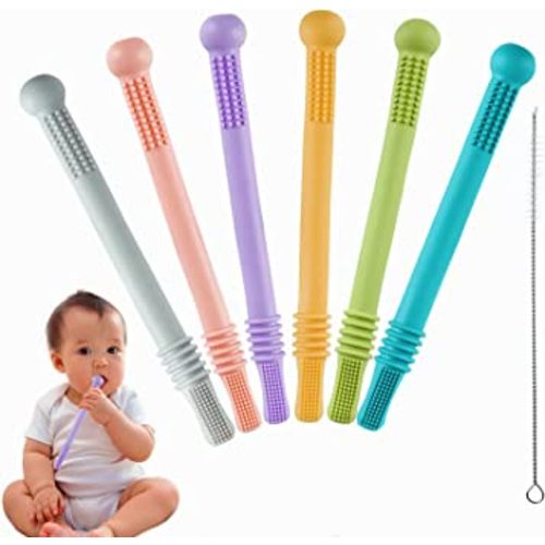 Chuya 6 Pack Hollow Teether Tube, Silicone Tubes Baby Teether Toys,Chew Straws Toy for 3-12 Months Babies Molars,Teething Relief,BPA Free/Freezable,Dishwasher Safe,Easy to Clean
