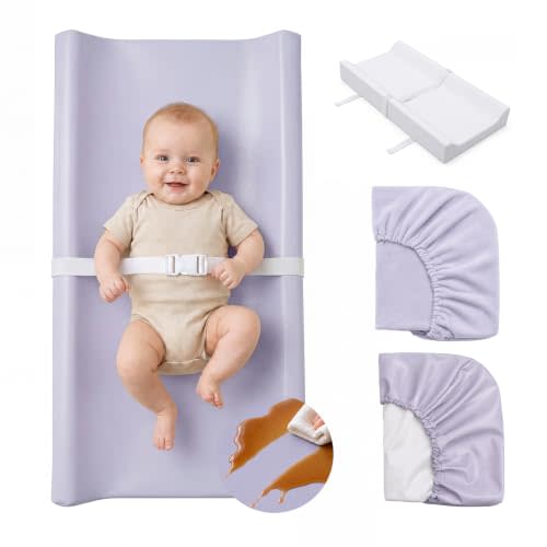 Changing Pad for Dresser with 2 Covers-Waterproof Vegan Leather&Soft Velvet | Changing Table Pad with Non-Slip Bottom, Standard Size Wipeable Changing Pad, Contoured Baby Changing Pad, Purple