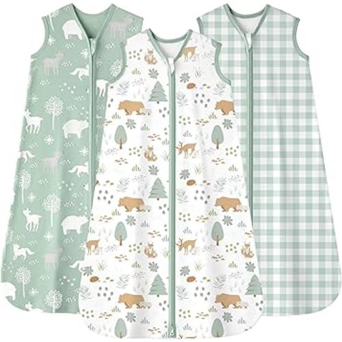 Baby Sleep Sack 6-12 months, 100% Cotton Sleeping Sack for Newborn and Infant, 3 Pack Baby Wearable Blanket, 0.5 Tog Lightweight Double Zipper Sleep Bag Medium Green Forest Bear
