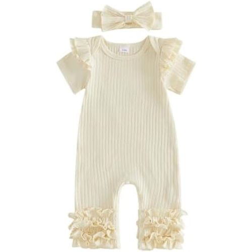 Newborn Baby Girl Clothes Jumpsuit Ruffle Trim Short Sleeve Romper Bodysuit Headband Coming Home Hospital Outfits