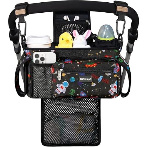 TOPDesign Universal Baby Stroller Organizer, Stroller Caddy with Detachable Mesh Bag & Heightened Insulated Cup Holders & Non-Slip Secure Hooks Accessories, Fits Most Strollers (Space Exploration)