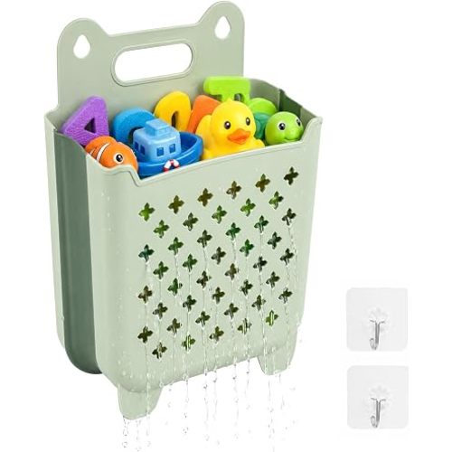 Stand Up Bath Toy Storage, Foldable Bathtub Toy Storage Caddy, Quick Drain Drying Shower Toy Basket for Easy Access to Toys, Large Capacity Wall Mounted Bath Toy Organizer (Green)