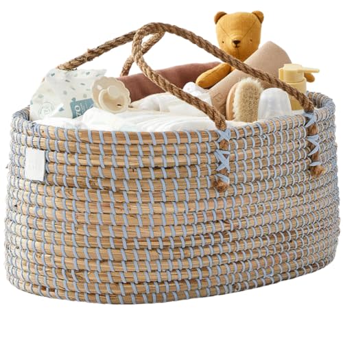 BEBE BASK Premium Light Blue Baby Diaper Caddy Organizer -Handmade - Seagrass Basket With Cotton Divider - Award-Winning & Luxury Diaper Caddy Basket - (Dove)