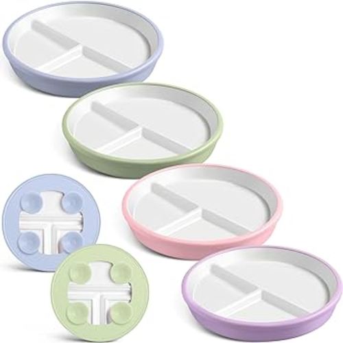 Domensi 4 Pcs 8" Large Porcelain Kids Plates with Anti-slip Silicone Sleeve Ceramic Divided Plate with Suction for Toddler Eating Microwave Dishwasher Friendly (Blue,Green,Purple,Pink)