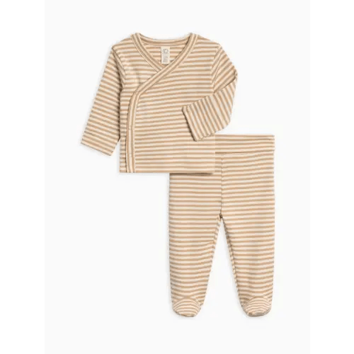 Organic Baby Riley 2 Piece Kimono Wrap Top and Pant Set in Clay Stripe