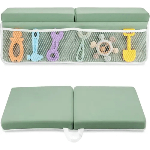 PandaEar Baby Bath Kneeler & Elbow Rest Pad, Comfortable Non-Slip Kneeling Mat Cushion with Toy Organizer Storage Pockets, Foldable Foam Mat for Toddler Bathroom Bathing Time (Green)