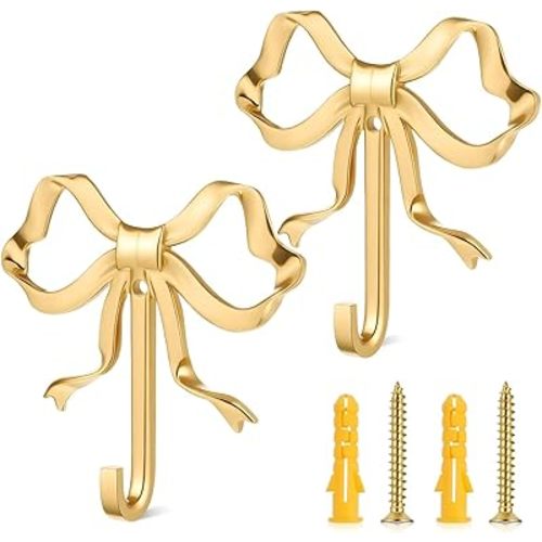 2 Pcs Gold Bow Hooks for Wall - Bow Knot Brass Coat Hooks Wall Door 3.5x3.5 Inch for Living Room Bathroom Bedroom Kitchen Decorations