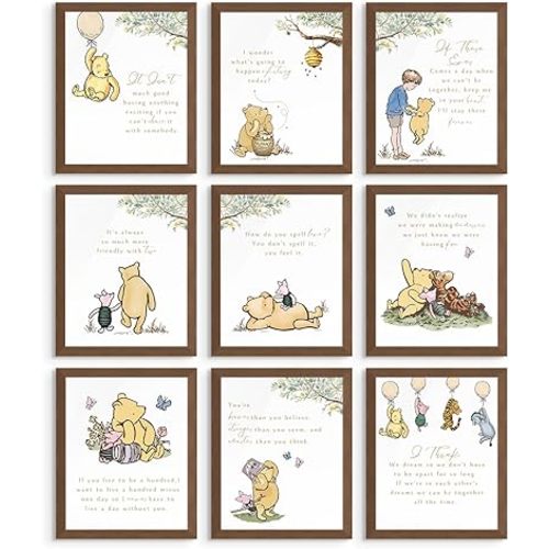 Winnie the Pooh Wall Art - Classic Winnie the Pooh Nursery Decor, Friendship Quotes, Wall Art Decor Photos Bedroom Playroom, Quotes Prints, Inspirational Sayings - Unframed Set of 9 (8x10")