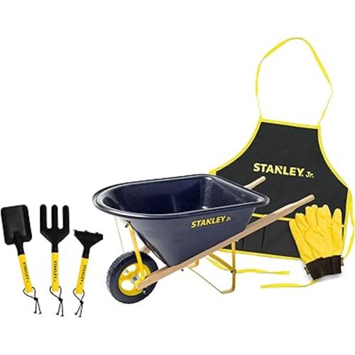 Stanley Jr. Kids Wheelbarrow Set – 6-Piece Durable Toddler Wheelbarrow & Garden Tools – Child Outdoor Toy for Ages 3+ – Fun, Educational Backyard Play with Apron, Gloves & Tools