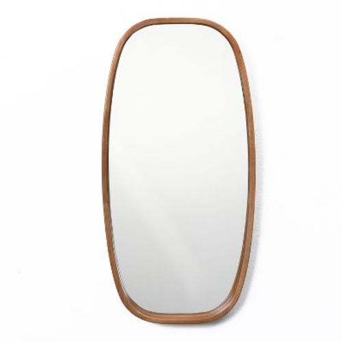 LuxenHome 15.7"x 31.5" Rounded Rectangle Wall Mirror with Natural Brown Rubberwood Frame Decorative Mirror for Bedroom Bathroom Entryway