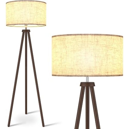 LEPOWER Wood Tripod Floor Lamp, Mid Century Standing Lamp for Living Room, Flaxen Lamp Shade, Modern Design Lamp with E26 Lamp Base, Tall Floor Lamp for Bedroom, Study and Office Walnut