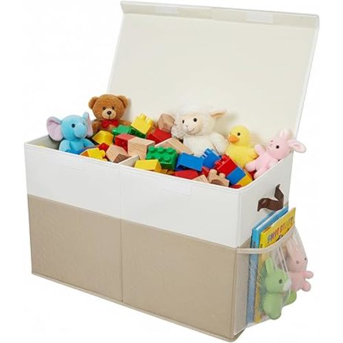 LIWEGHT Large Toy Storage Box with Lid Collapsible Sturdy Baby Toy Storage, 25"x13"x16" (Beige&White)