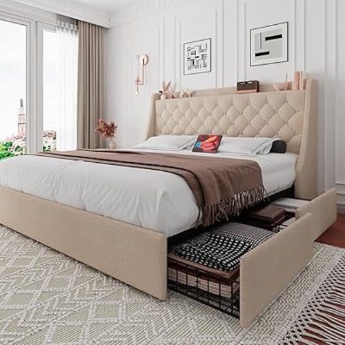iPormis Queen Bed Frame with 4 Storage Drawers, Upholstered Platform Bed Frame with Type-C & USB Ports, Wingback Storage Headboard, Solid Wood Slats, No Box Spring Needed, Beige