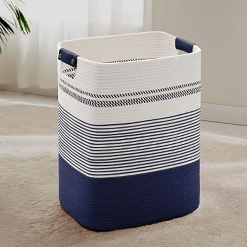 85L Tall Woven Laundry Basket Hamper with Leather Handles,Navy