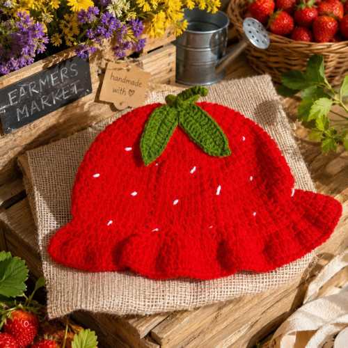 Handmade Crochet Strawberry Bucket Hat, Red Fruit Sun Hat with Ruffle Brim, Cute Cottagecore Summer Accessory, Kawaii Gift for Her, Y2K hat