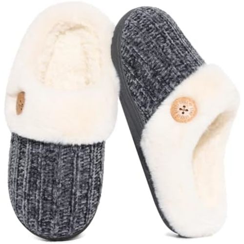Evshine Warm Knit House Slippers for Women Comfy Wool-Like Lined Chenille Slippers with Memory Foam and Indoor Outdoor Soles