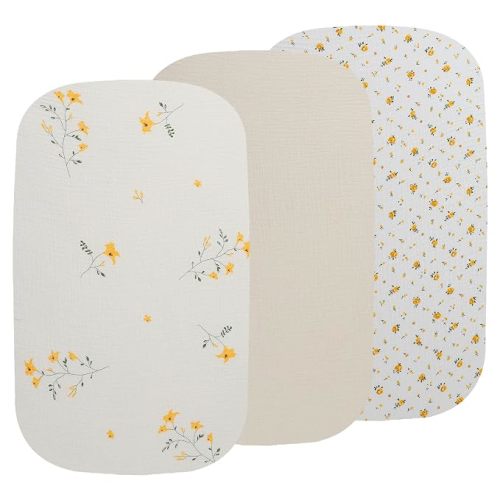 Onacosht Muslin Bassinet Sheets 33"x19", 3 Pack Leaf & Floral Beige
