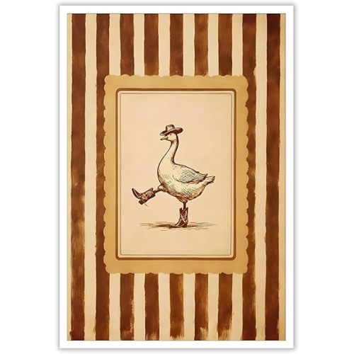 Vintage Western Goose Poster Silly Cowboy Goose Canvas Wall Art Funny Nursery Animal Striped Pictures Prints Painting For Living Room Bedroom Kids Room Wall Decor 12x16in Unframed