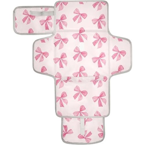 Pink Bows Portable Diaper Changing Pad for Baby, Waterproof & Foldable Changing Mat, Soft & Comfortable with Wipes Pocket, Baby Essentials