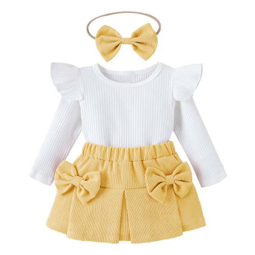 IWEMEK Toddler Girl's Outfit Crew Neck Solid White T-Shirts Casual Chic Bow Knot Yellow Short Skirts Spring Clothing 1-2Y