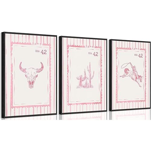 SKEFEHT 3Pcs Pink Cowgirls Stamp Posters Wall Art Western Cowgirl Wall Decor Eclecticism stripe Print Artwork Longhorn Bull Skull Paintings pictures for Bedroom Living Room decoration12x16in Unframed