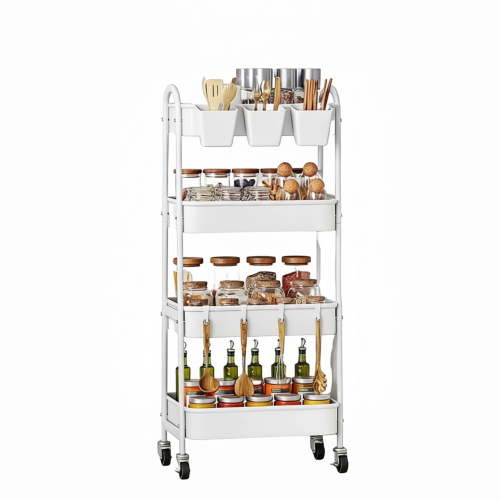 EDX 4-Tier Rolling Cart, 132 lbs Metal Utility Cart Storage Organizer with Lockable Casters, Multi-Functional Mesh Rolling Storage Cart for Kitchen Office, White