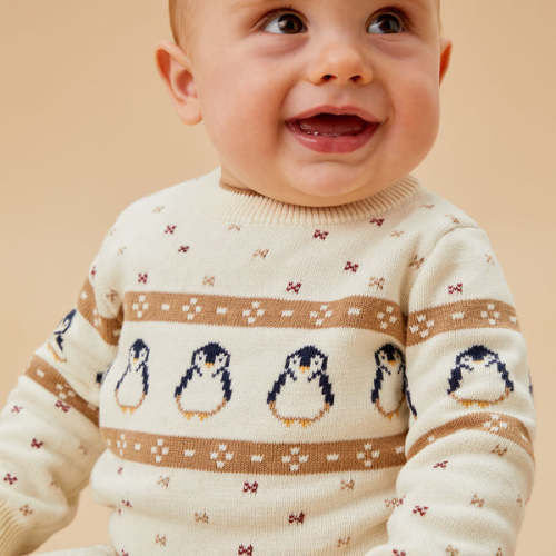 Penguin Fair Isle Knitted Sweater snow / 0 - 3 M