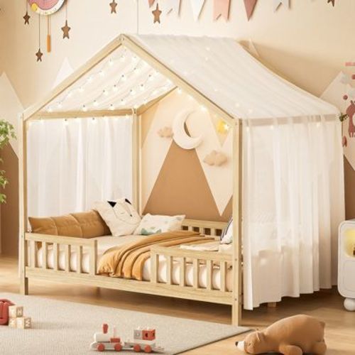 Full Size Montessori Floor Bed with Canopy, House Shape Toddler Bed Frame with Guardrails, Wood Kids Bed, Natural - ModernLuxe