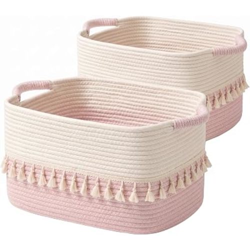 TeoKJ Storage Baskets 2 Packs, Storage Basket for toys,Towel, Storage Bins, Woven Basket for Shelves Bedroom Laundry Nursery, White & Pink