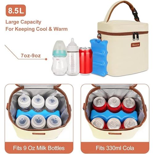 Mancro Breast Milk Cooler Travel Bag with Ice Pack, Insulated Baby Bottle Bag Fits for 6 Baby Bottles Up to 9 Ounce with Detachable Shoulder Strap, Breastmilk Cooler for Working Mom or Daycare, Beige