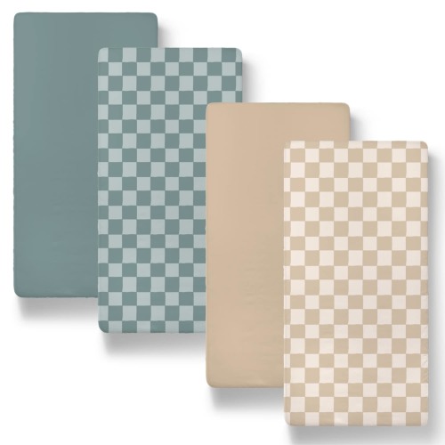 The Peanutshell Cheerful Check Organic Cotton Jersey 4-Pack Bassinet Sheets