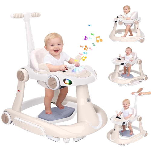 PRVAETU, 5 in 1 Baby Walker with Music and Lights, Foldable, Beige