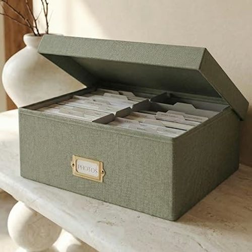 Decorative Photo Storage Box - Sturdy Linen Organizer Holds 1700 Photos