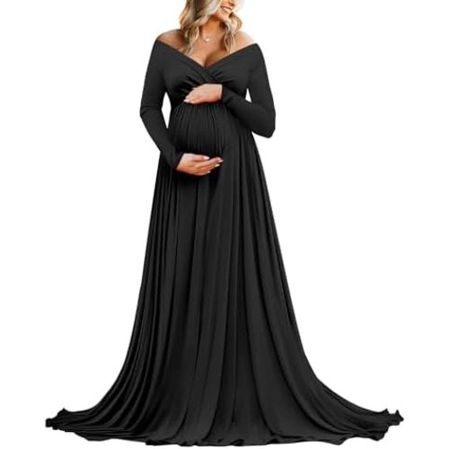 Saslax Maternity Off Shoulders Half Circle Gown for Baby Shower Photo Props Dress