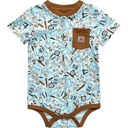 Carhartt CA6642 Baby Boy's Infant Newborn | Short-Sleeve Henley 'Tools' Bodysuit | Blue & Brown