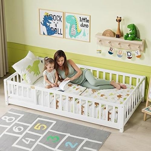 i-POOK Twin Floor Bed for Children, Sturdy Wood Montessori Bed Frame with Wood Slats, High Fence & Small Door, Montessori Floor Bed for Girls and Boys, White