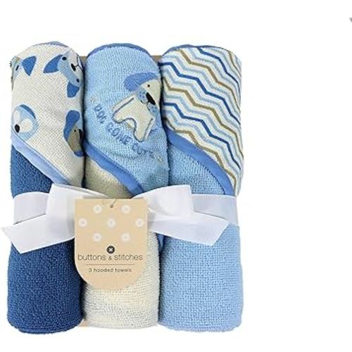 Cudlie Buttons & Stitches Baby Boy 3 Pack Rolled/Carded Hooded Towels in Dog Gone Cute Print, GS71722