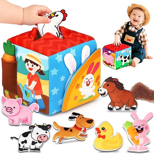 Avesa Baby Toys 6-12 Months - Soft Sensory Box Infant Toy with Stuffed Animals, Rattle, Crinkle Paper, Mirror - 6 Month Old Must Haves Boy Girl Babies Birthday for 1 Year Old Learning Toys