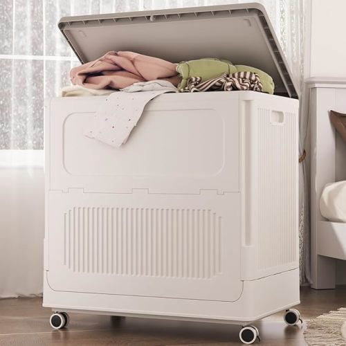 HAIXIN HOME Rolling Laundry Hamper with Lid, 130L Large Capacity Clothes Hampers for Laundry, Plastic Collapsible Laundry Baskets with Wheels and Lid, Install-Free & Easy to Transport to Laundry Room