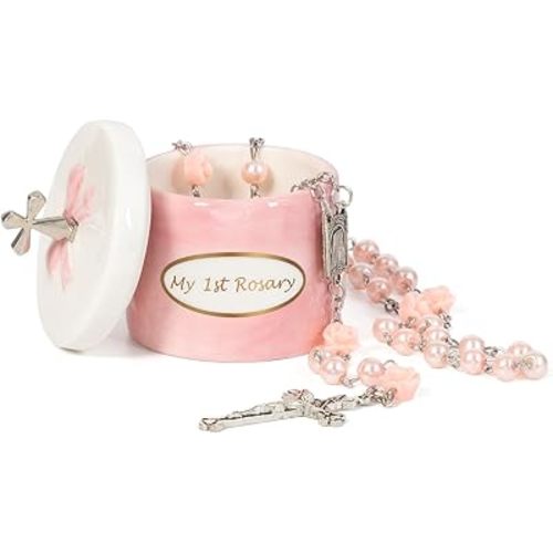 Baptism Gifts for Girl My First Pink Rosary Keepsake Box – Catholic Pink Rosary Box for Kids, Christening Baptism Decor for Kids, First Communion Keepsake Set from Godmother, Baby Girl Dedication Gift