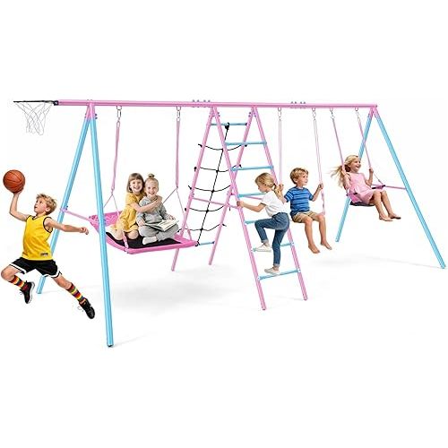 Heavy Duty Swing Sets for Backyard Kids 3-12, 700LBS 6-in-1 Outdoor Swingset for Playground with Basketball Hoop, 3 Adjustable Swings, Climbing Ladder Net - Large Metal Playset for Toddlers Children