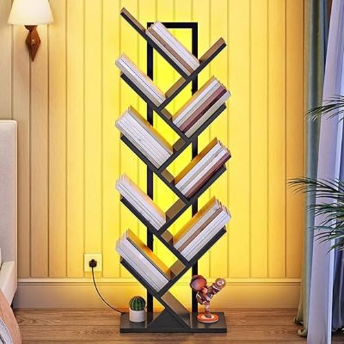 HOOBRO Tree Bookshelf, 9-Tier Tree Bookshelf with Lights, Space-Saving Book Shelf, Holds Books, CDs, Floor Standing Bookcase for Office, Living Room, Bedroom, Black BB08DSJ01