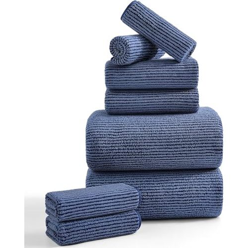 8-Piece Premium Towel Set for Bathroom|2 Oversized Large Bath Sheet,2 Hand Towels,4 Washcloths|Soft Cozy Highly Absorbent Fast Dry Microfiber Shower Towel Set for Hotel Bathroom Essentials,Navy Blue