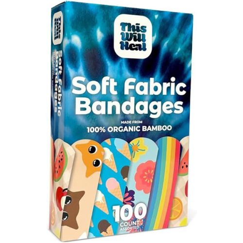 Adhesive Bandages | Soft Fabric from 100% Organic Bamboo | Fun Colorful Designs | Plastic-Free, Latex-Free, Non-Toxic | 100 Count