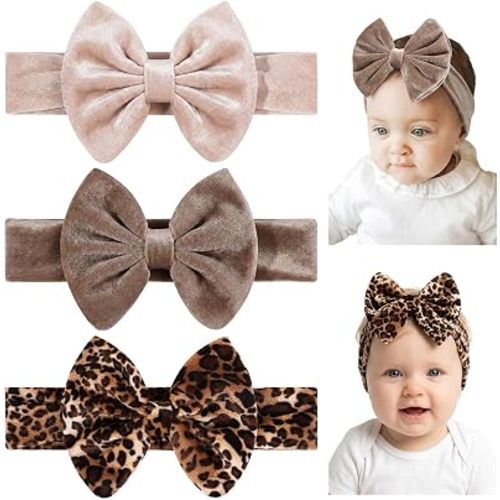 3 PCS Velvet Baby Bows Headbands, Elastic Velvet Newborn Hairbands