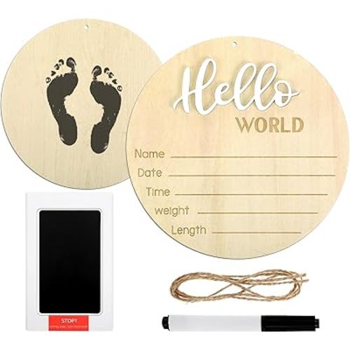 Welcome to The World Sign Set, 5.8 Inch Baby Name Announcement Sign Double Sided Baby Weight and Height Signs with Ink Pad Hello World Signs with Foot Print for Photo Prop