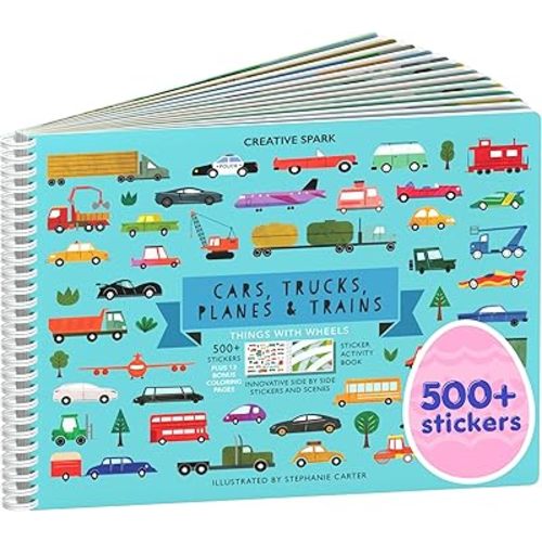 Cars, Trucks, Planes & Trains 500+ Kids Sticker Book by Cupkin Fun Toddler Travel Activity Coloring and Sticker Book, 12 Coloring Pages + Scenes for Children's of 2-8 Years, Easter Gifts for Kids