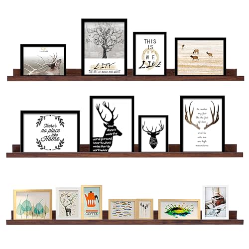 AZSKY Floating Shelves Deep Walnut for Wall Long Picture Ledge Shelf 48 Inch Beige Photo Ledge Shelves with Lip Wall Bookshelf for Kids Bedroom Living Room Bathroom Kitchen Wooden Spice Rack Set of 3